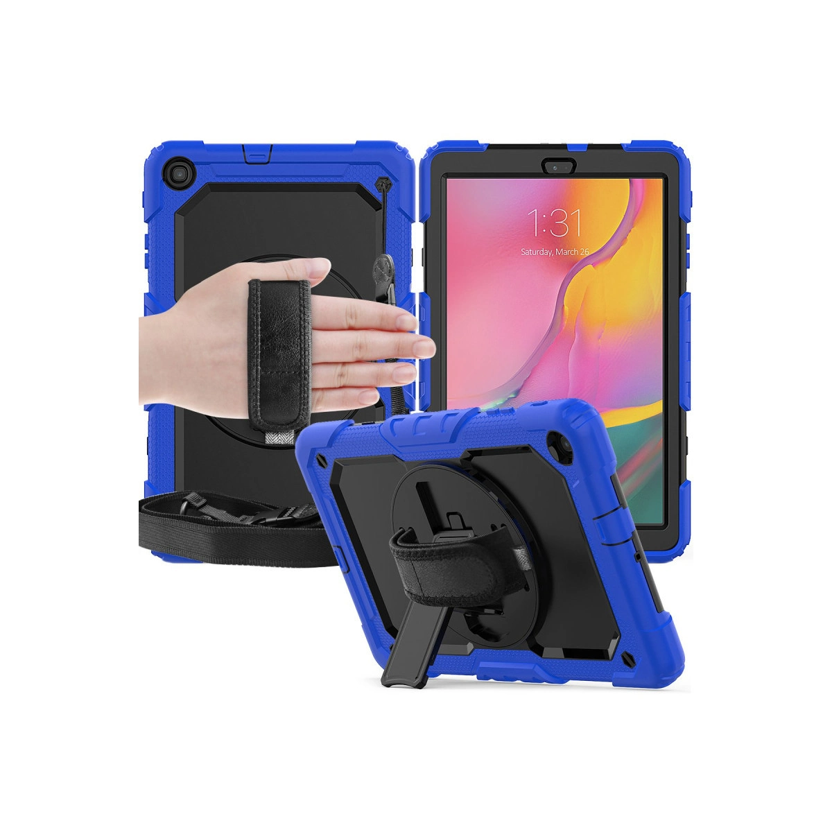 Entegre stantlı ve elde tutma kayışlı mavi tablet kılıfı.