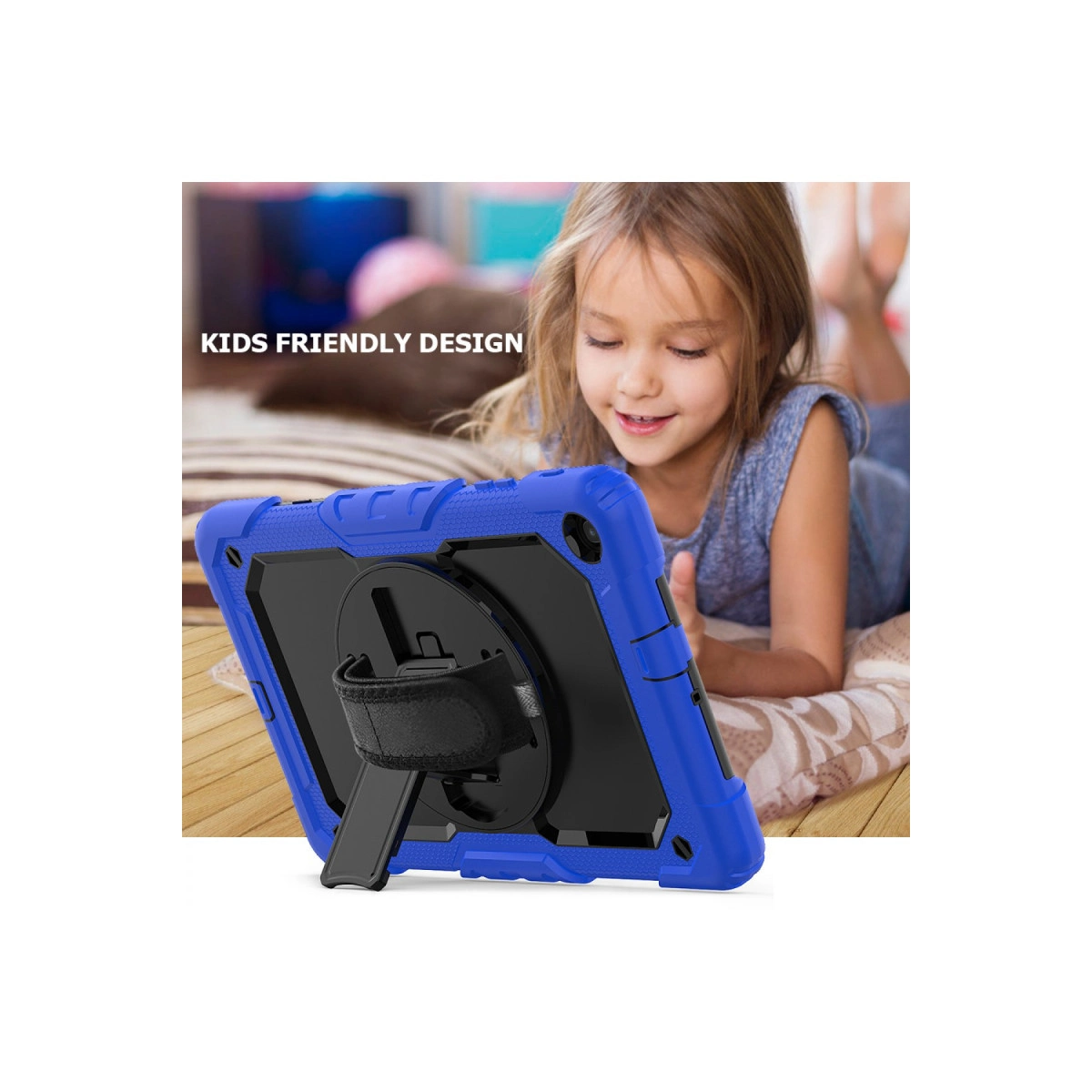 Bir çocuğun kullandığı stantlı mavi tablet.