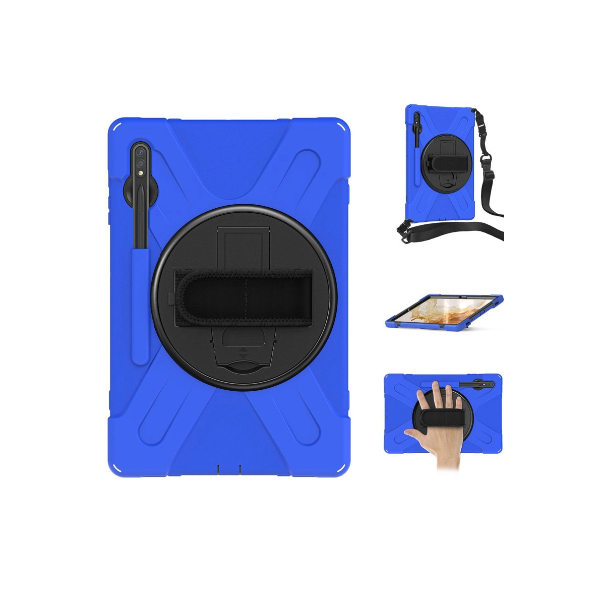 Standlı, el kayışlı ve kalem tutuculu mavi tablet kılıfı.