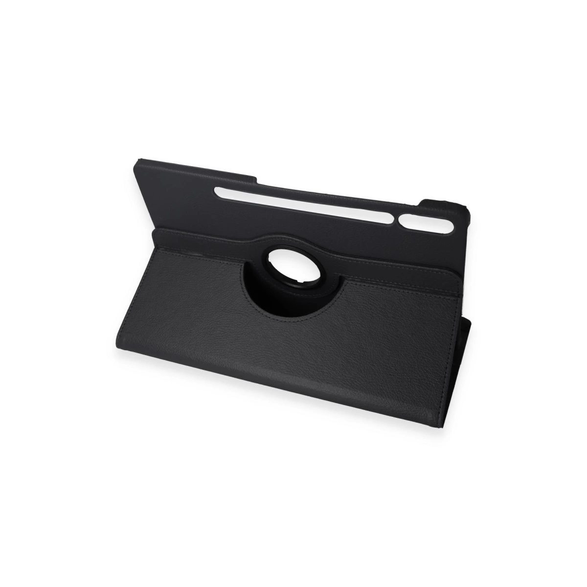 Siyah tablet kılıfı, tutma yeri için dairesel kesik ve stant fonksiyonlu.