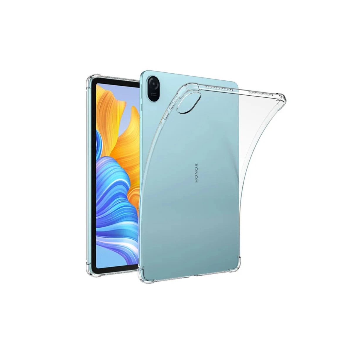 HONOR logolu mavi tablet üzerinde şeffaf tablet kılıfı.