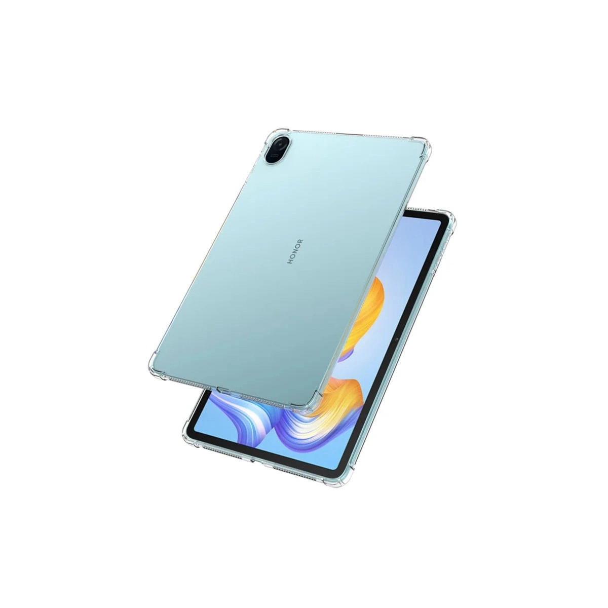 Arkada HONOR logosu bulunan, şeffaf kılıflı açık mavi tablet.