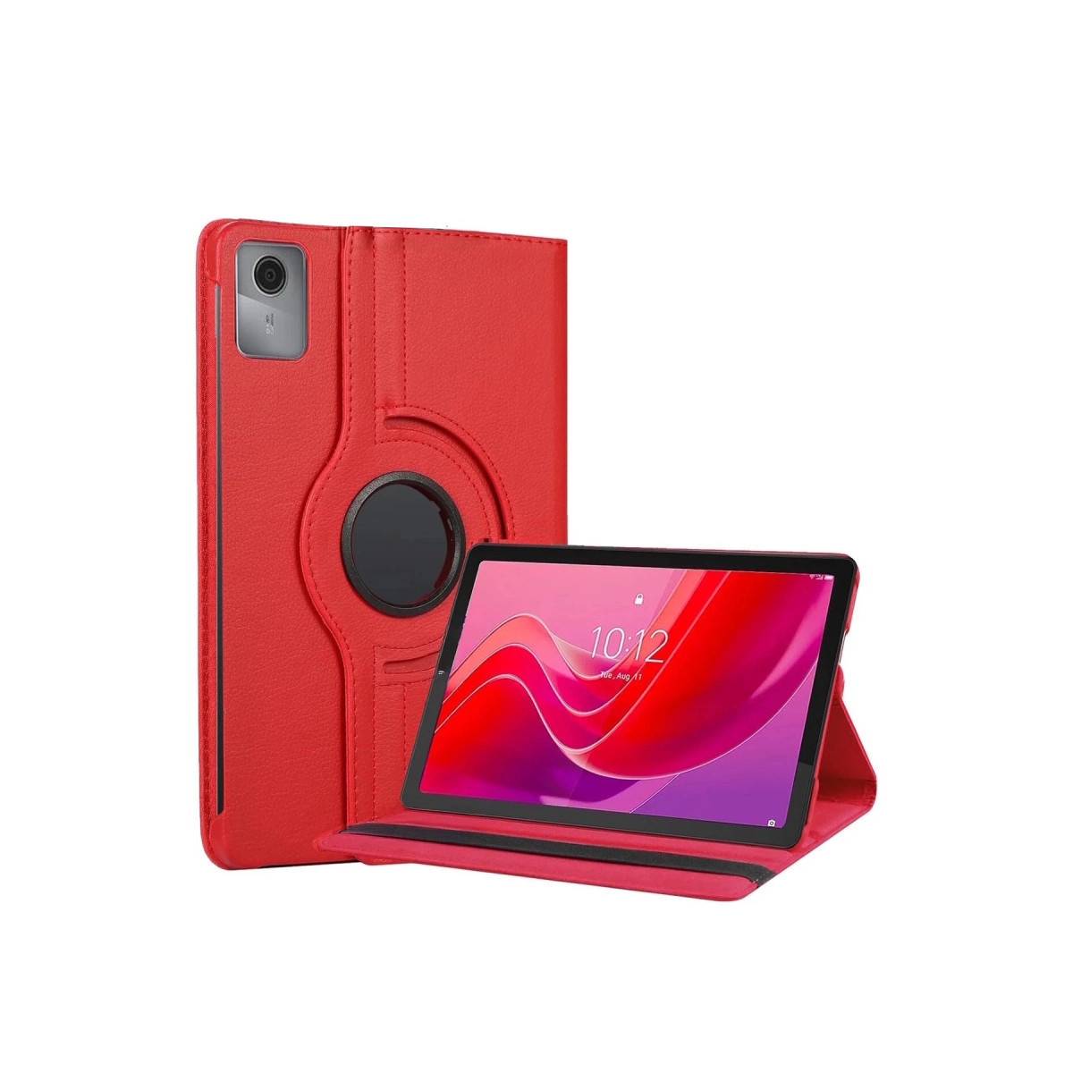 Kamera ve katlanabilir stantlı kırmızı tablet.