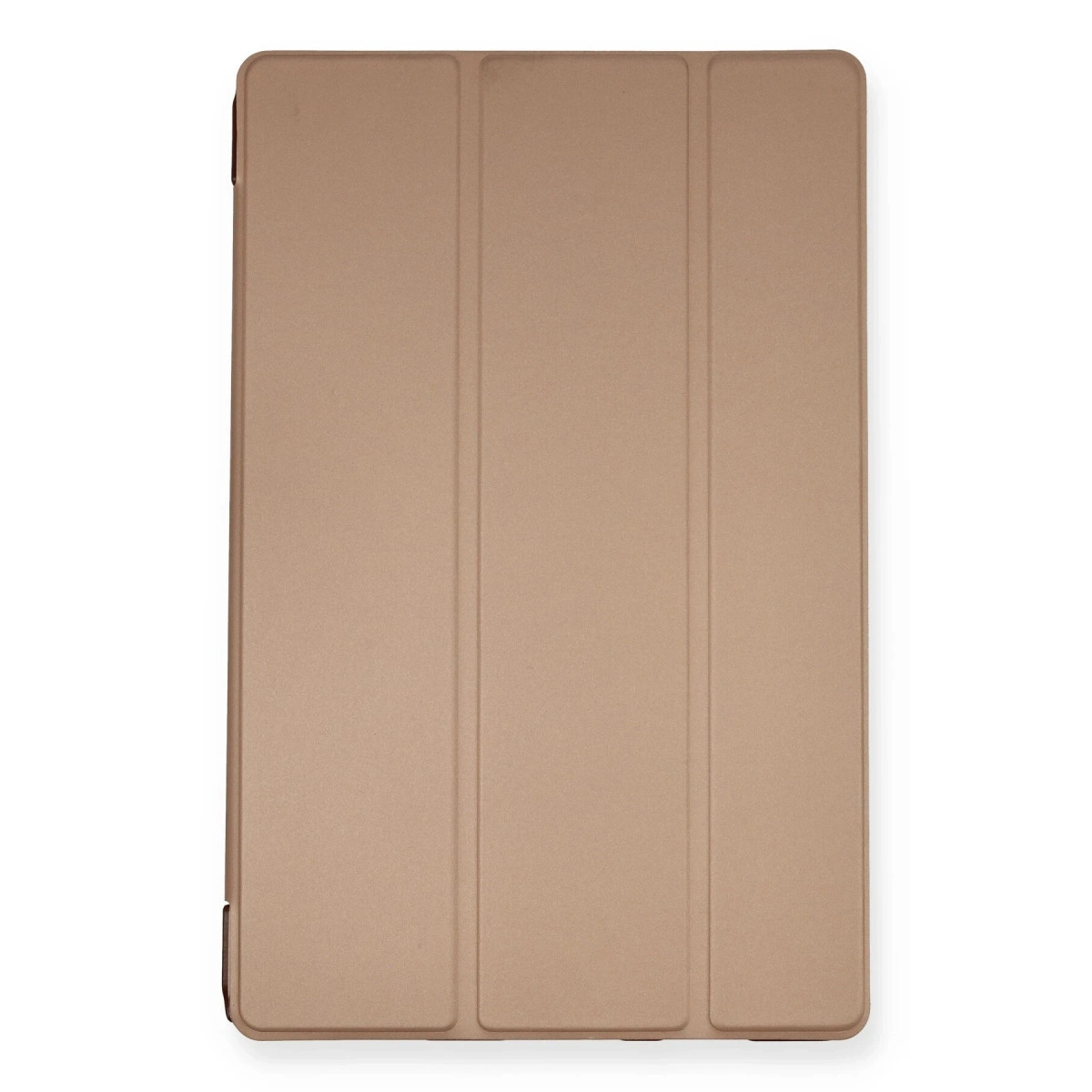 Ön yüzünde üç dikey katlanma yeri olan altın rengi tablet kılıfı.