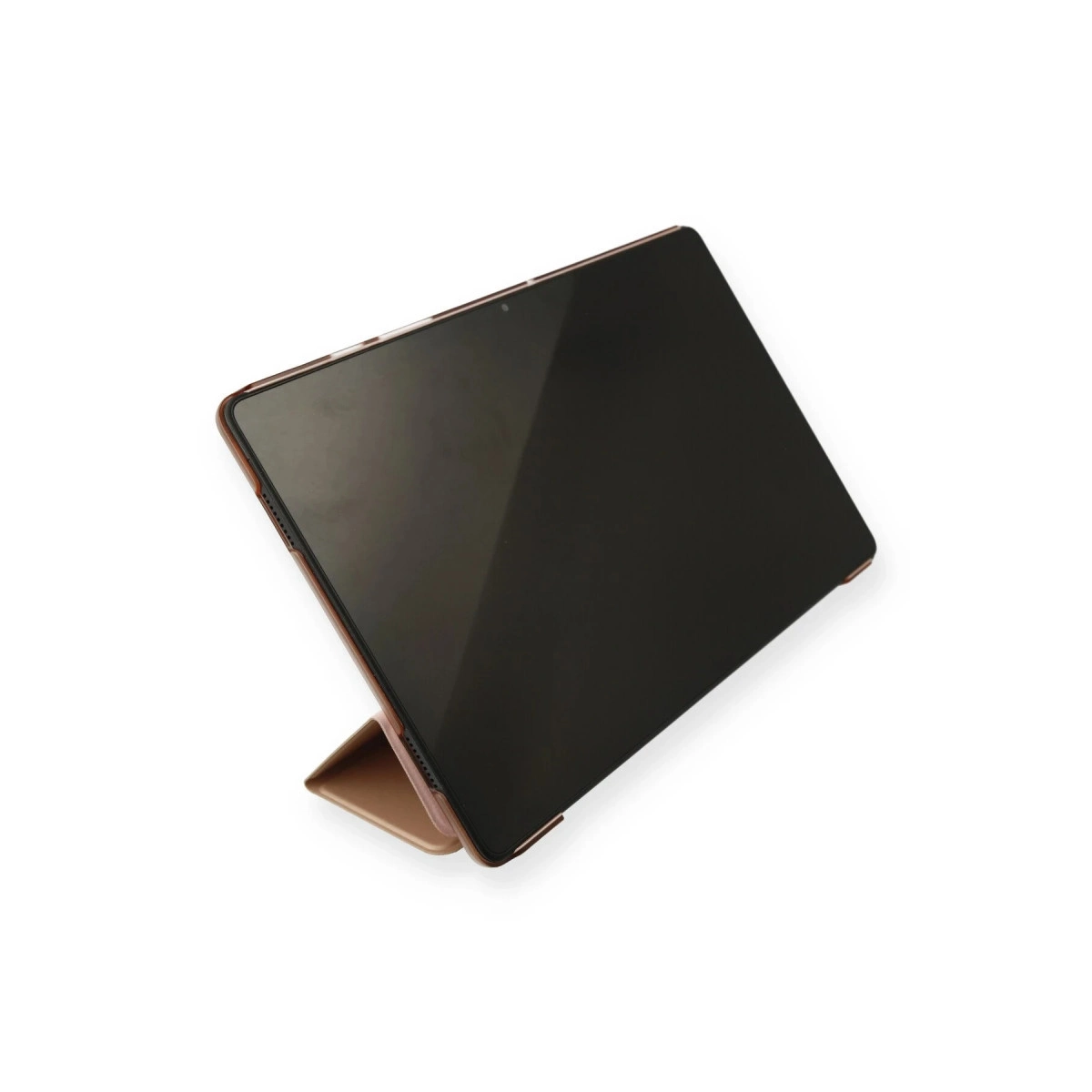 Beyaz arka plan üzerinde koyu ekranlı bronz renk tablet standı.