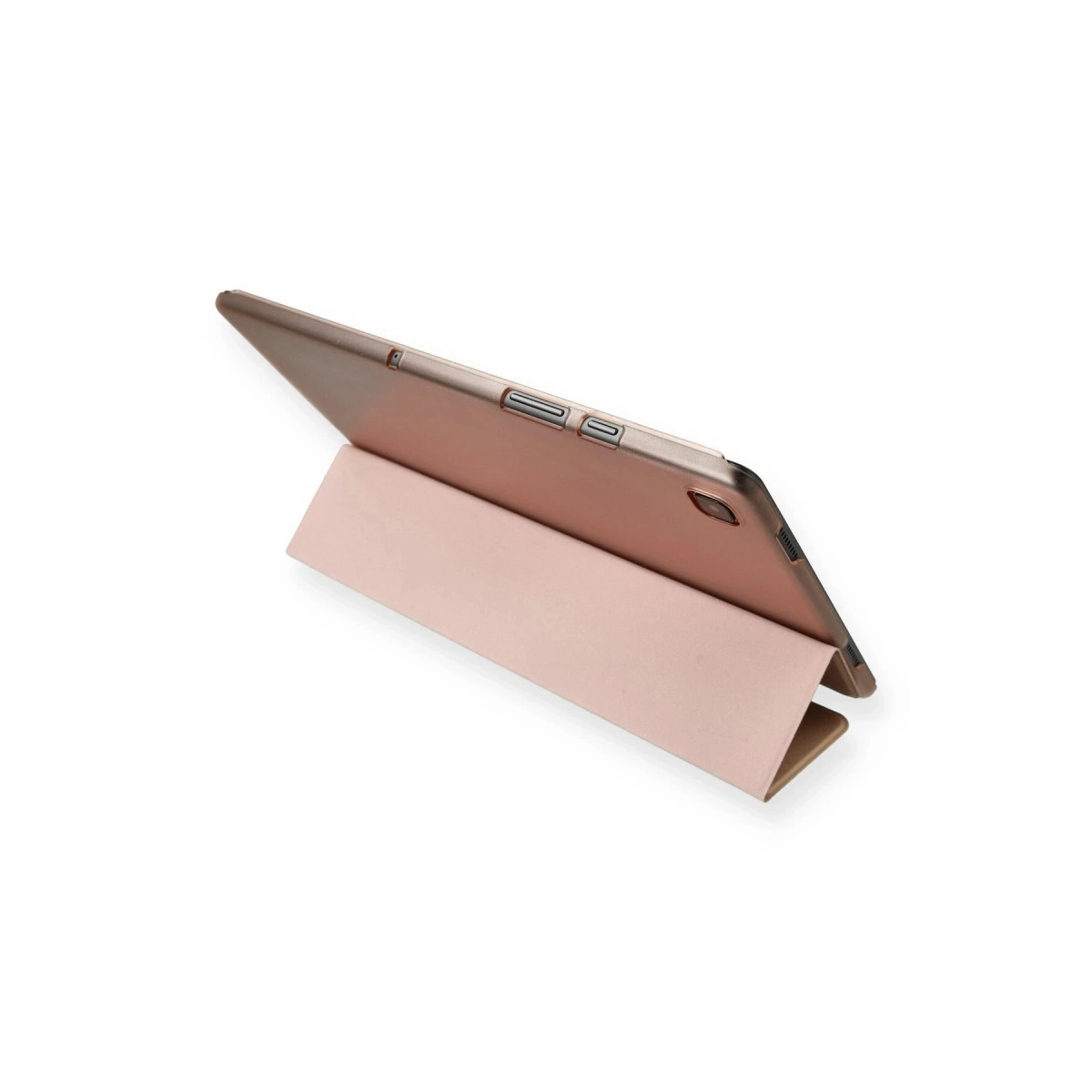Açık pembe kılıflı, beyaz arka plan üzerinde, gül altın rengi tablet.