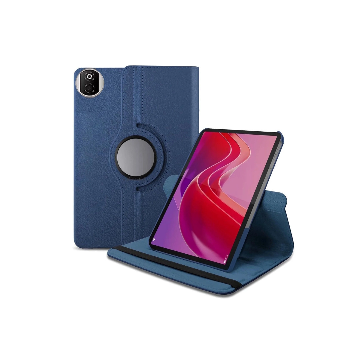 Renkli soyut duvar kağıdı gösteren bir tableti olan mavi tablet kılıfı.