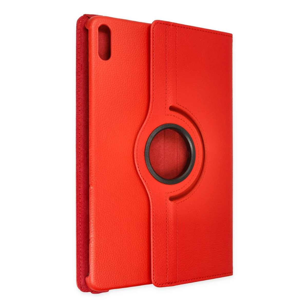 Ortasında dönen halkası olan kırmızı tablet kılıfı.