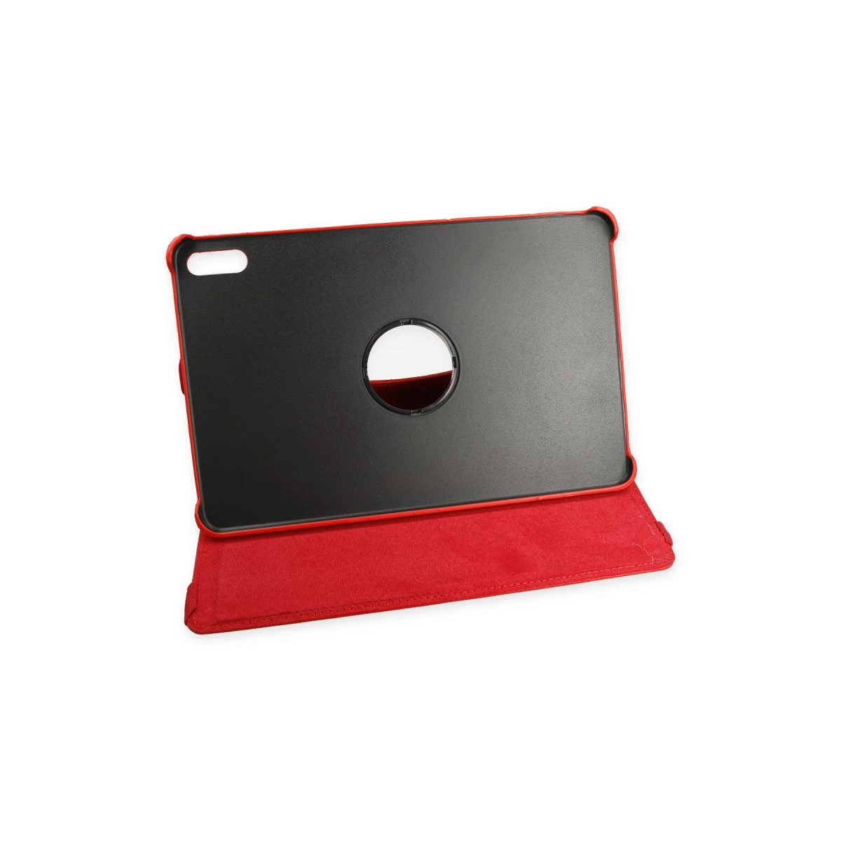 Dairesel kesimli siyah arkalı kırmızı tablet kılıfı.