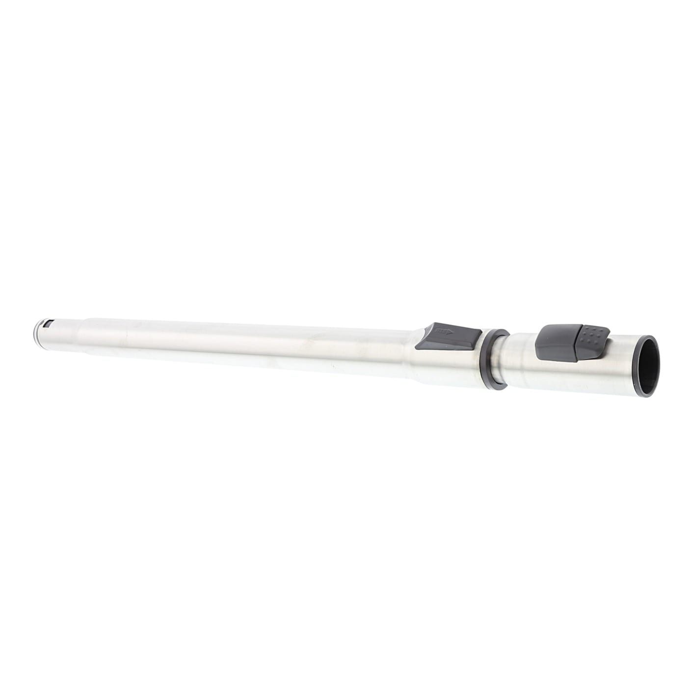 Un tubo per aspirapolvere argentato con due pulsanti neri. Sfondo bianco.
