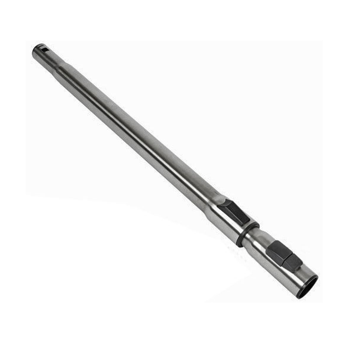 Un tubo metallico argentato con accenti neri, che rappresenta parte di un tubo per aspirapolvere.