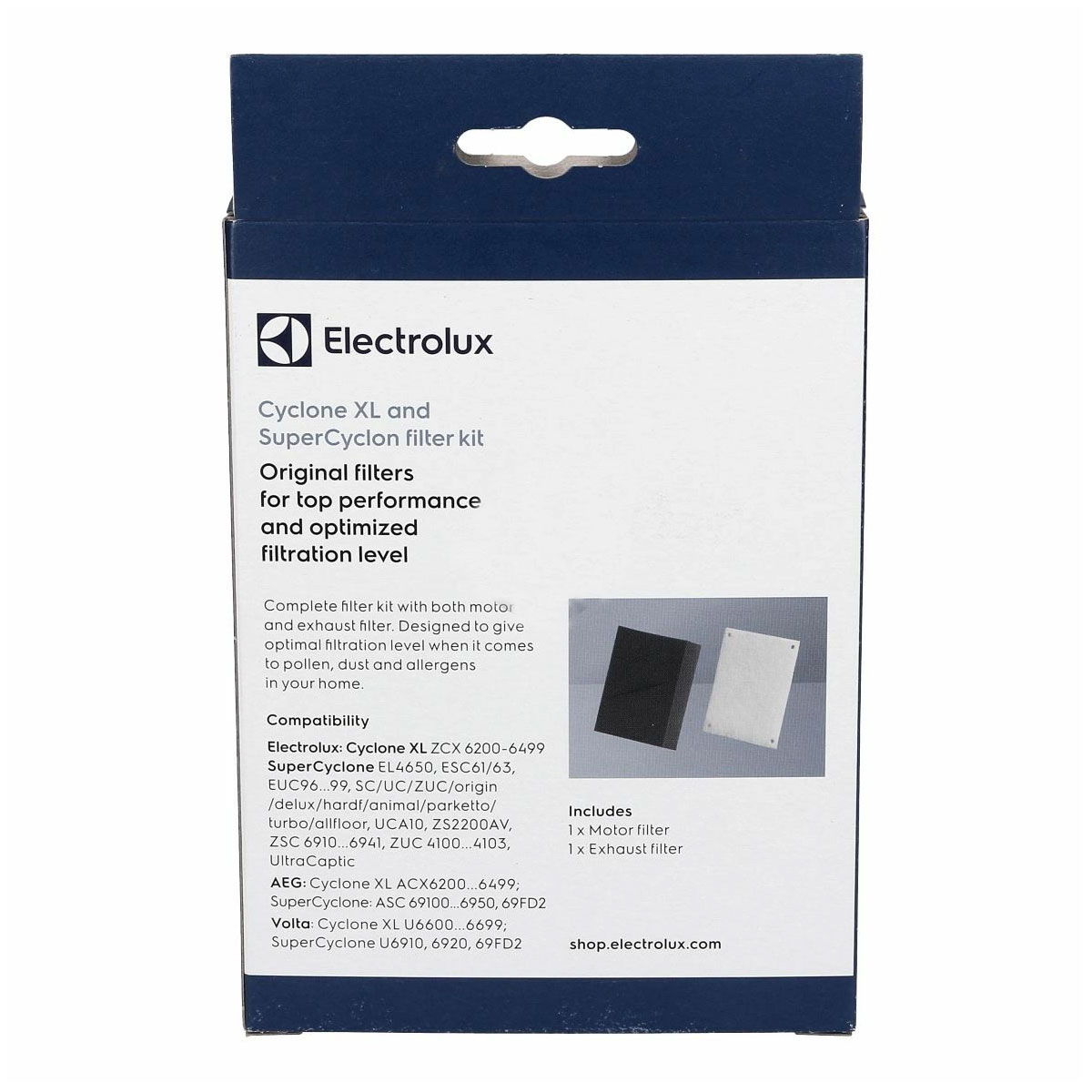 Confezione kit filtri Electrolux Cyclone XL e SuperCyclon con dettagli prodotto.