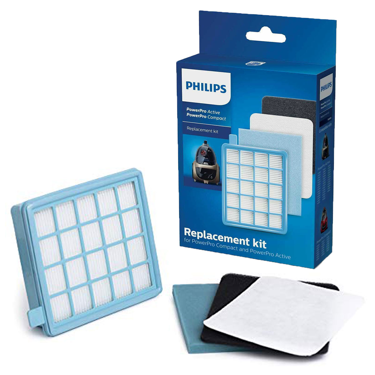 Kit filtri ricambio Philips per aspirapolvere, azzurro e bianco.