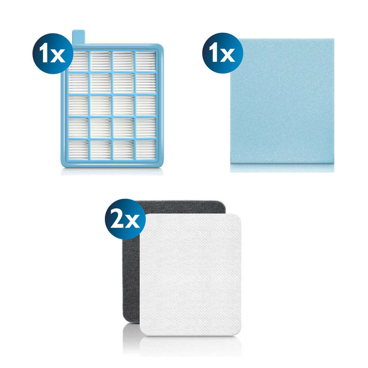 Un filtro blu, un tampone in schiuma azzurra e due filtri quadrati, uno bianco, uno grigio.