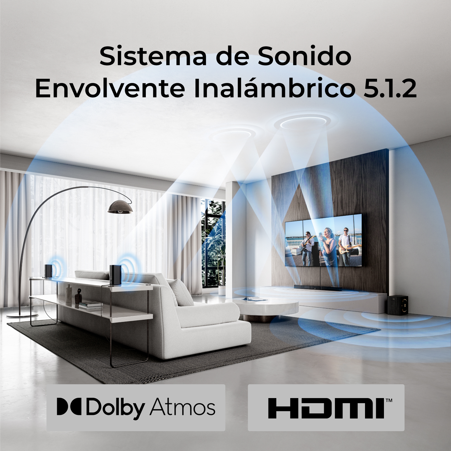 Sala moderna con Dolby Atmos y HDMI. Efectos de sonido se expanden.