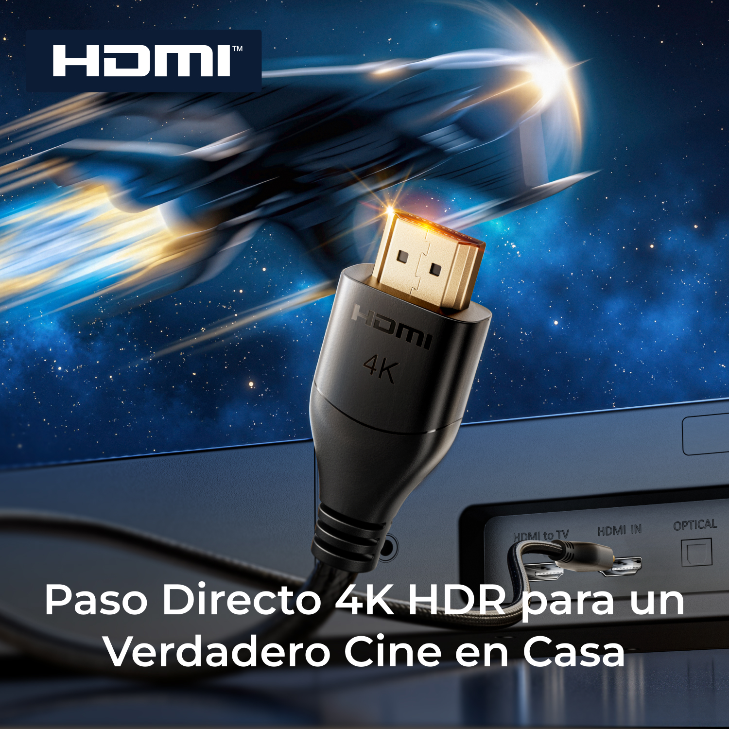 Cable HDMI 4K conectado a TV, con nave espacial en fondo estrellado.