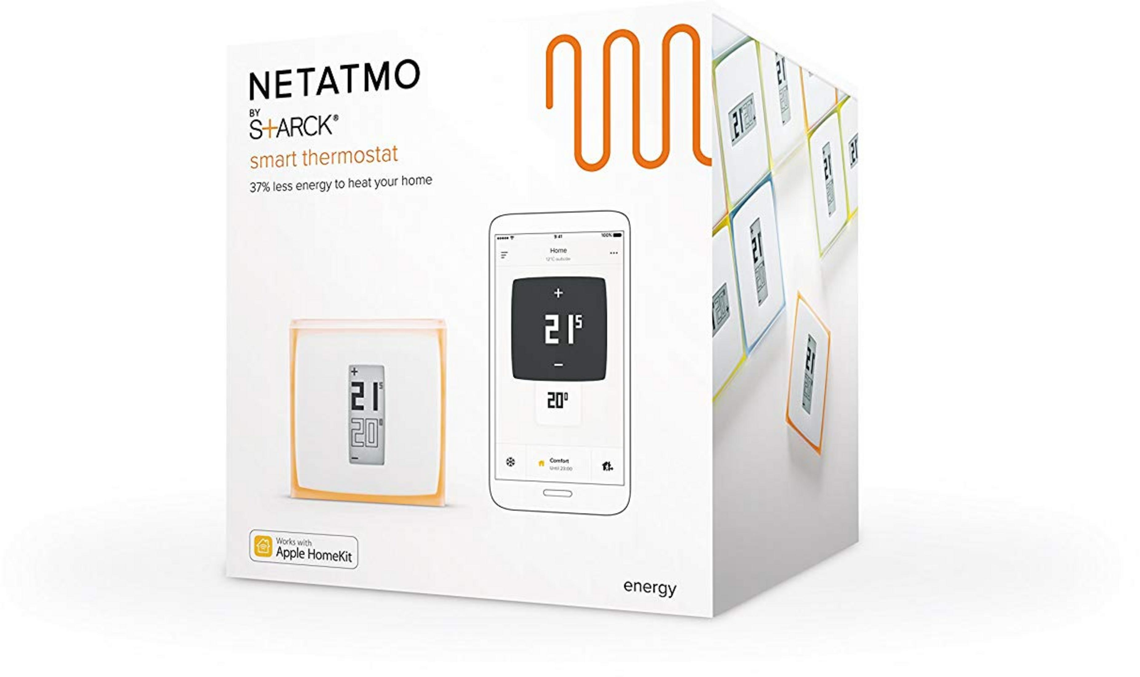 Pudełko z inteligentnym termostatem Netatmo, aplikacją i akcesoriami. Pomarańczowe akcenty.