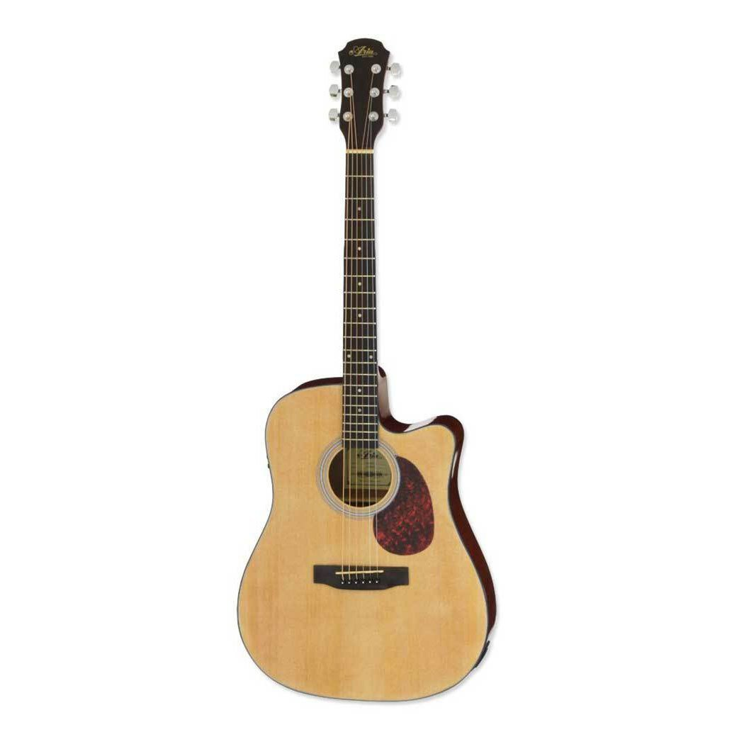Burgu ve altı telli açık kahverengi akustik gitar.