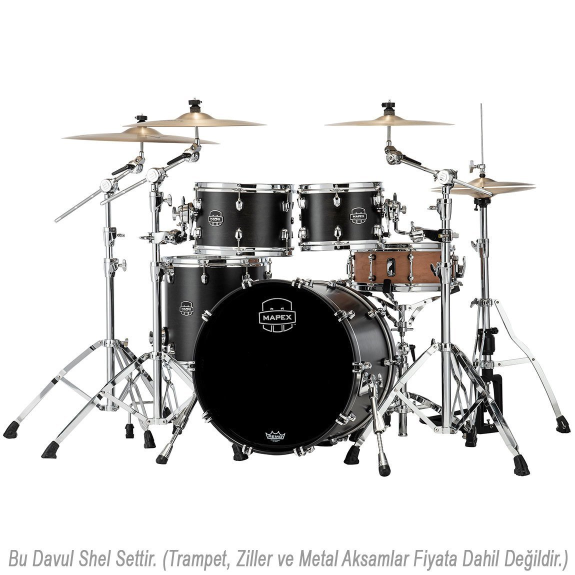 Siyah Mapex davul seti, krom donanım ve zillerle.