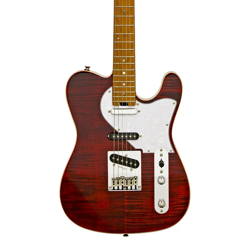 Beyaz pena korumalı, krom donanımlı, ahşap klavyeli kırmızı bir Telecaster tarzı elektro gitar.