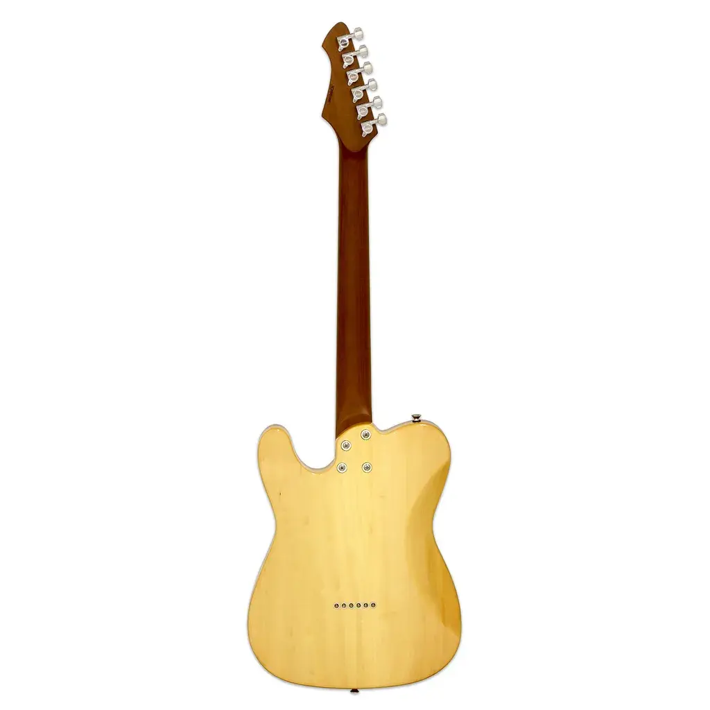 Açık renkli elektro gitarın arkadan görünümü, kahverengi sap ve kafa kısmı.