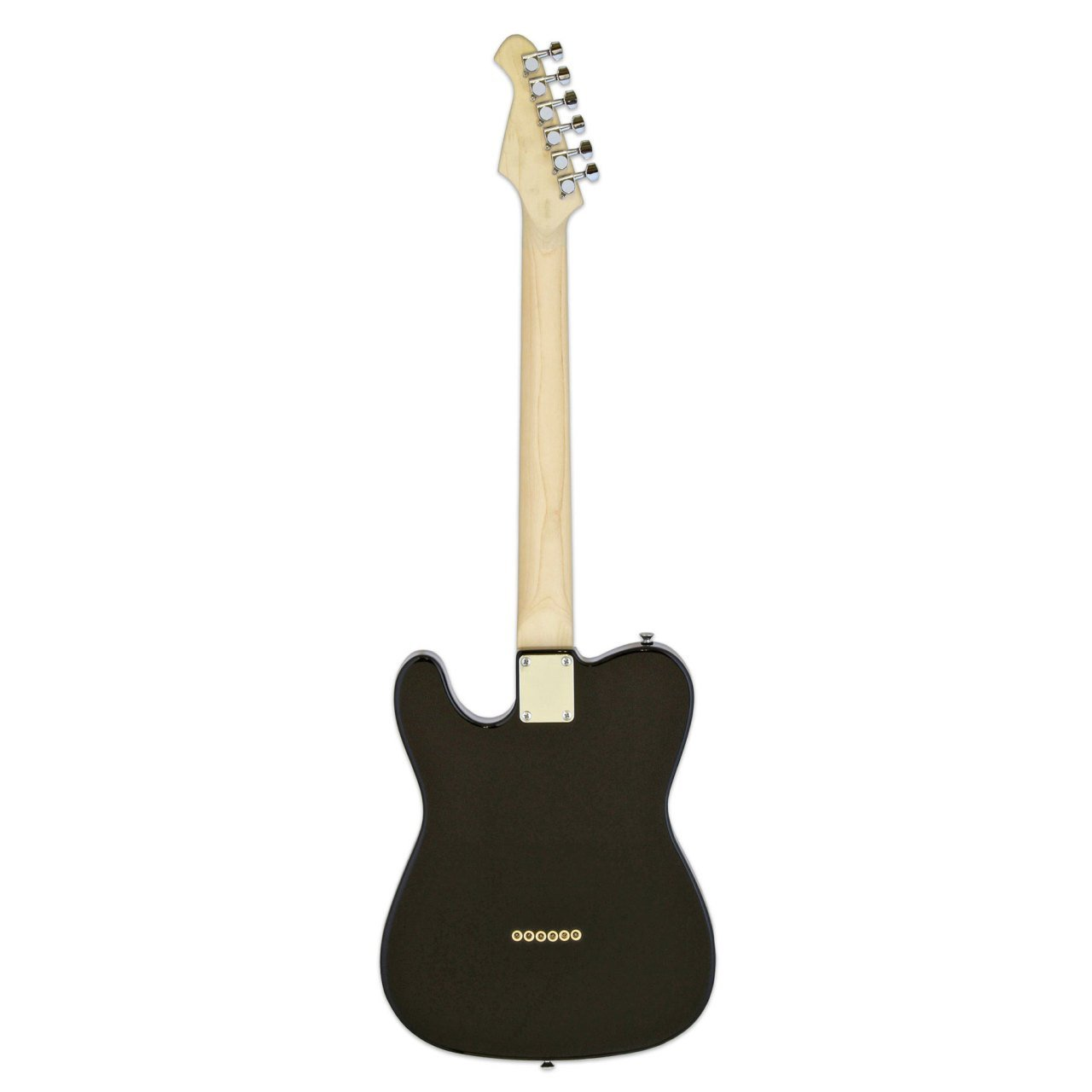 Açık renkli sapı ve gümüş burguları olan koyu renkli elektro gitarın arka görünümü.
