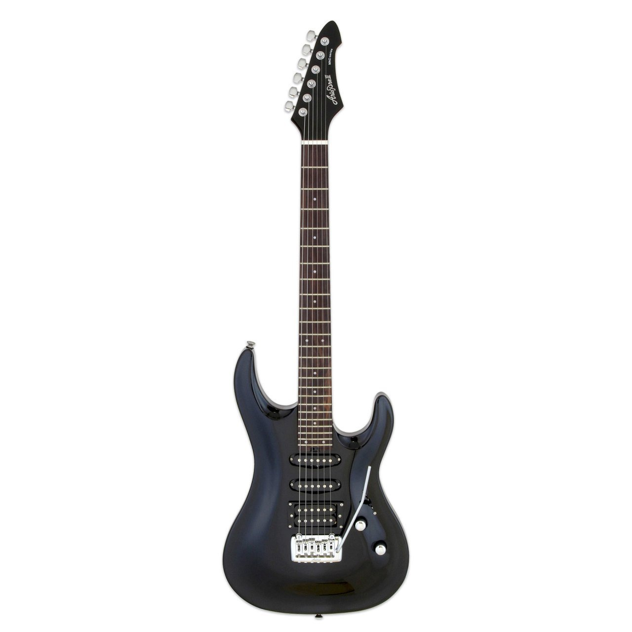Altı telli, gümüş donanımlı siyah elektro gitar, beyaz arka plan üzerinde.