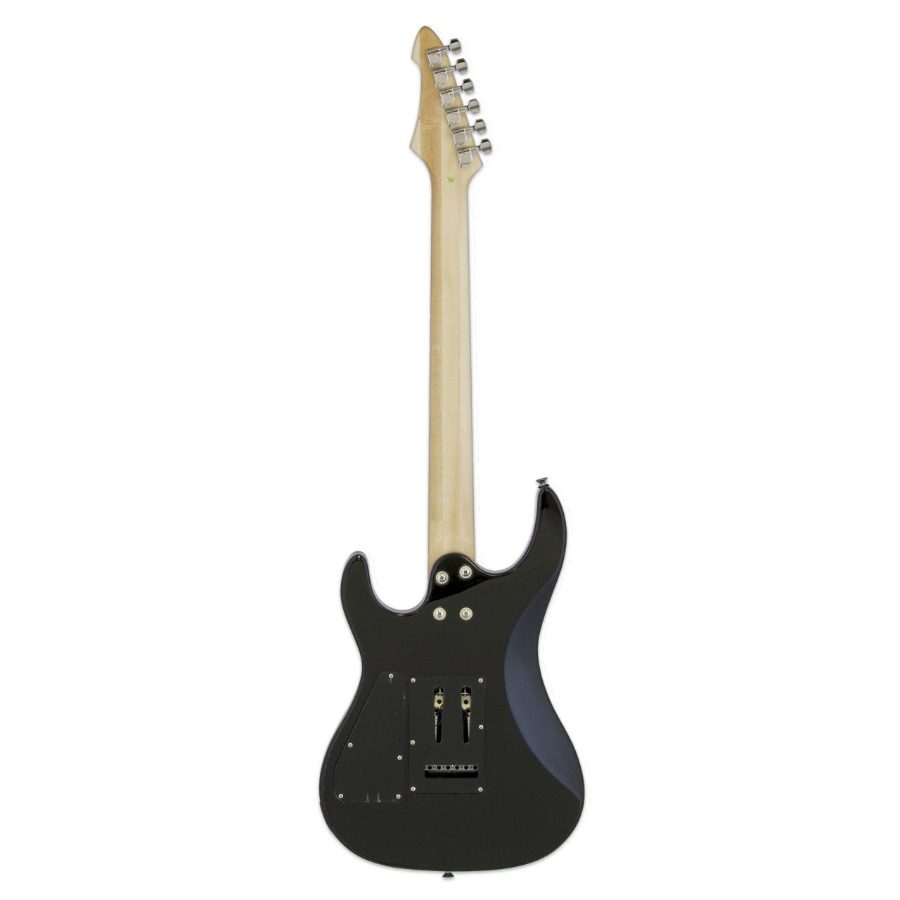 Beyaz zeminde açık ahşap saplı siyah elektro gitarın arka görünümü.