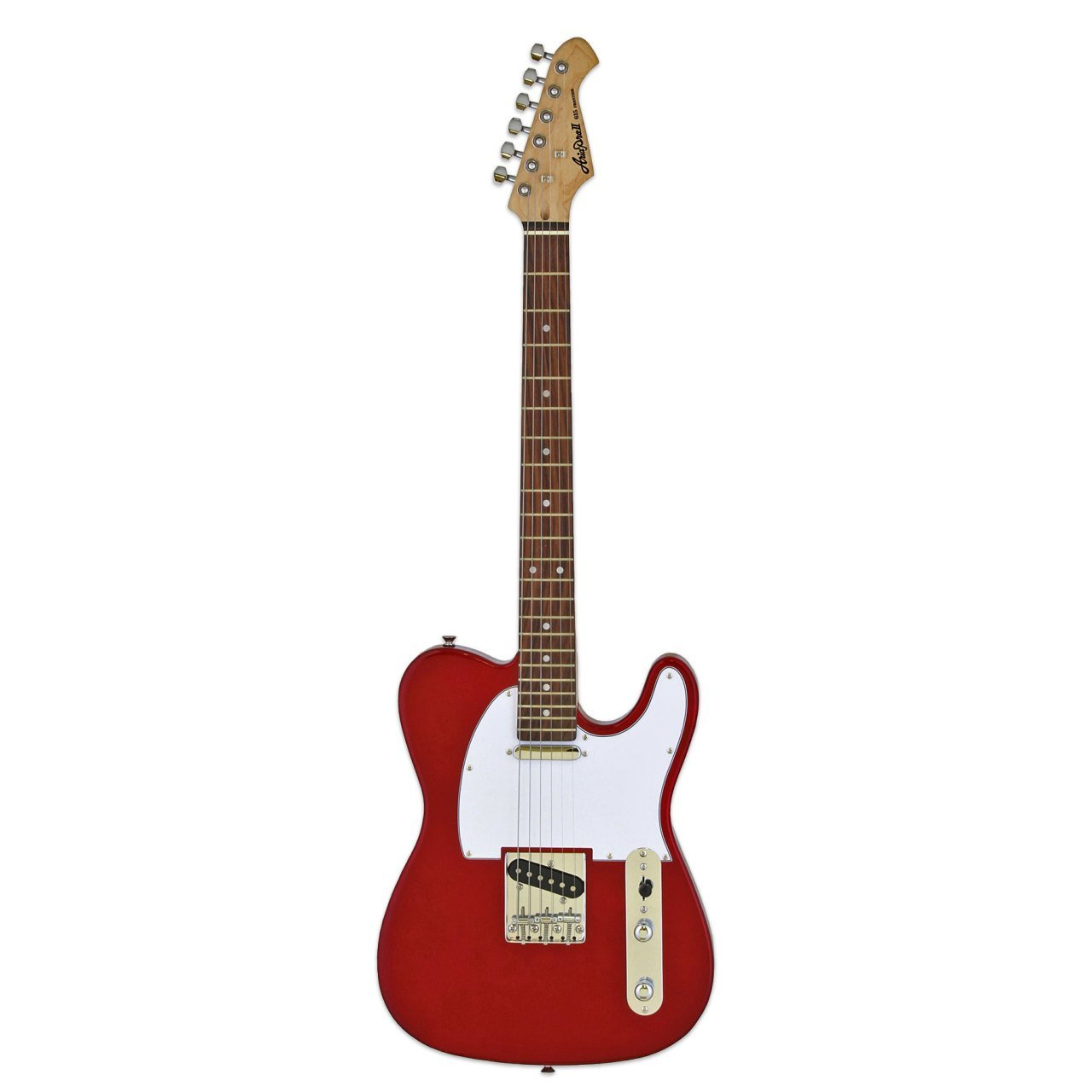 Beyaz pena korumalı ve altın donanımlı kırmızı elektro gitar.