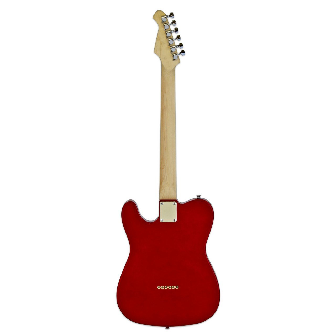 Kırmızı elektro gitar arkadan görünüm, açık renk ahşap saplı ve gümüş burgulu.