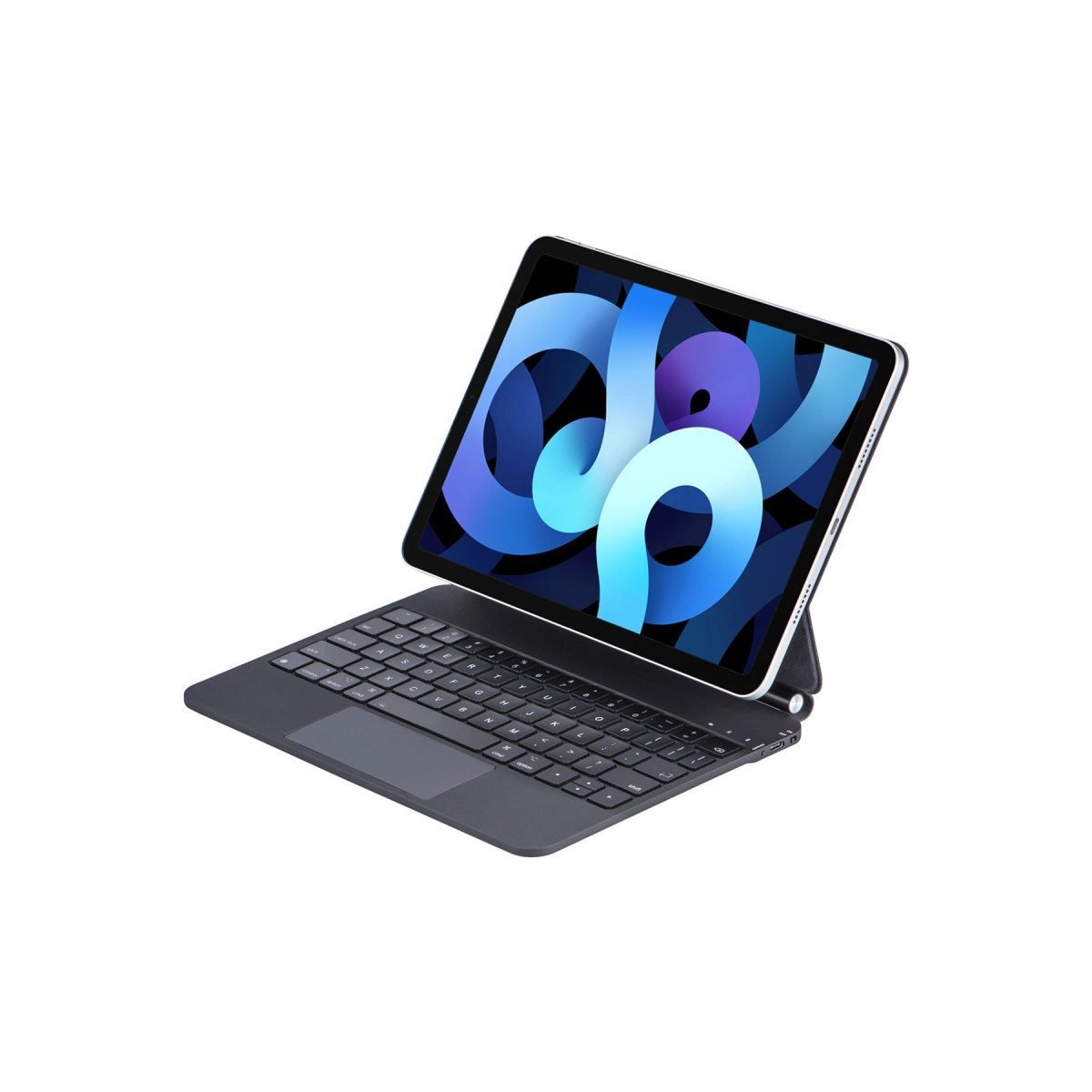 Klavye ve dokunmatik yüzeyli gümüş renkli tablet mavi bir arka plan gösteriyor.