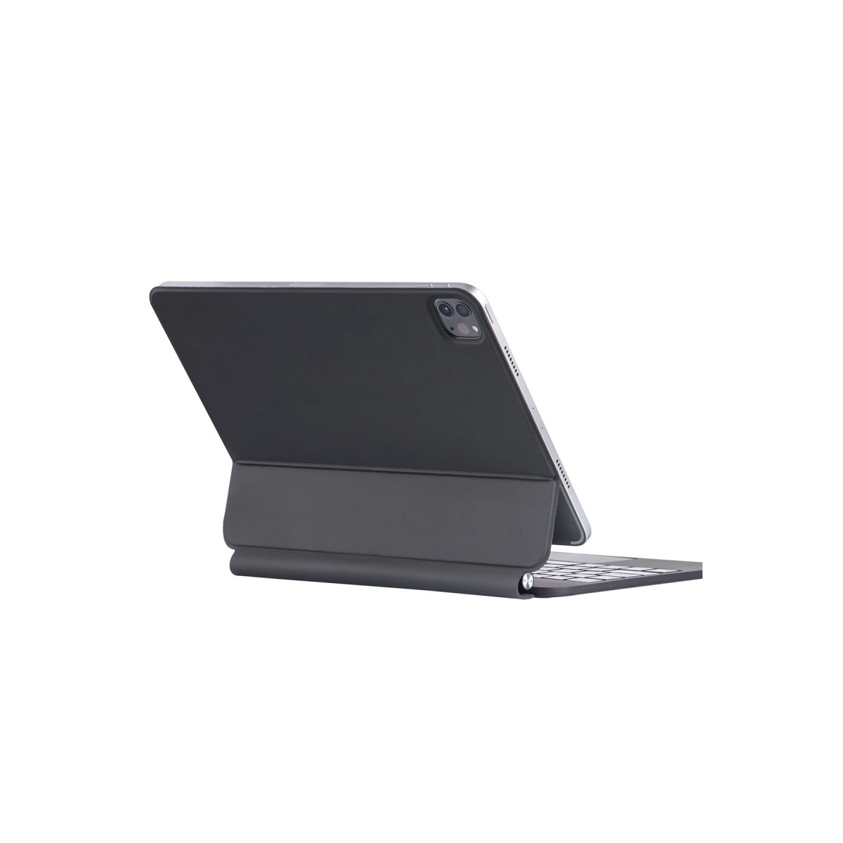 Arkadan açılı görünen, klavyeli siyah tablet.