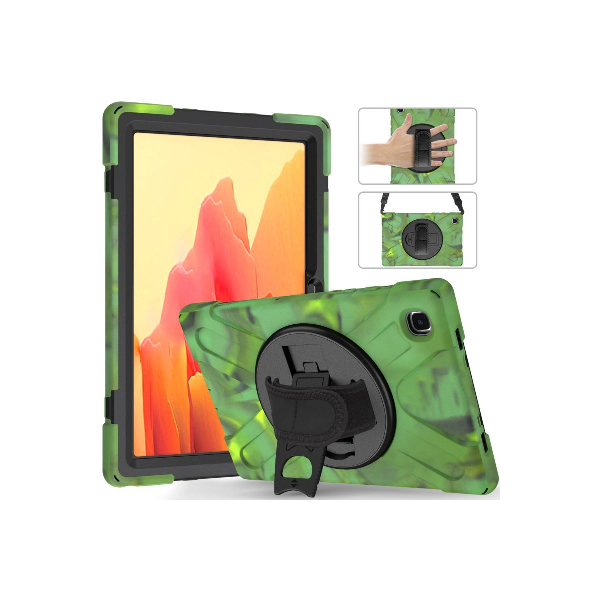 Standlı ve el kayışlı yeşil tablet kılıfı, beyaz arka plan