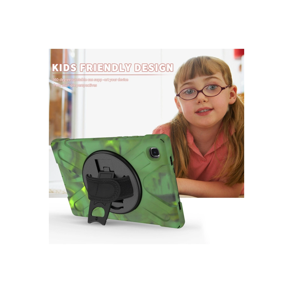 Standlı yeşil tablet kılıfı, arkada bir kız çocuğu.