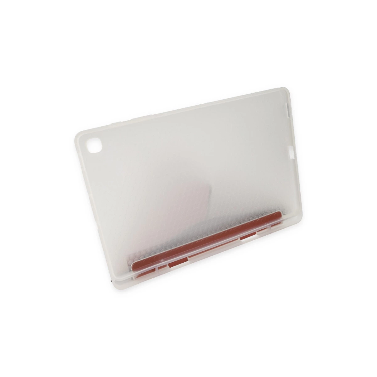 Kırmızı şeritli ve altıgen desenli şeffaf tablet kılıfı.
