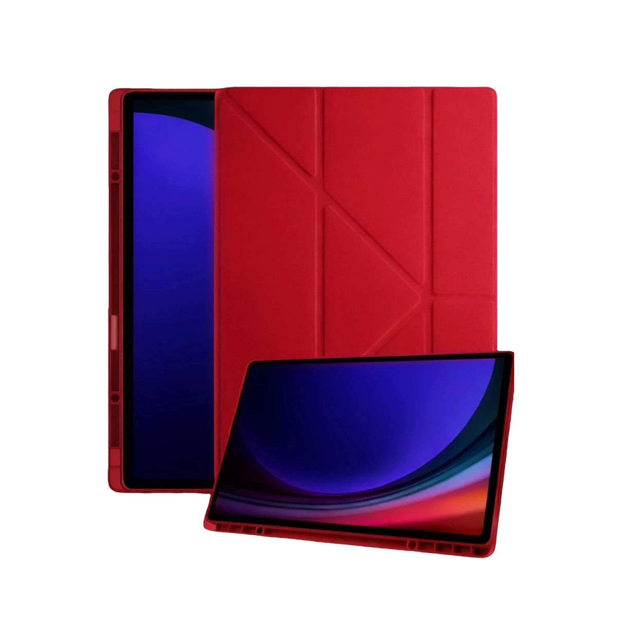 Açık kılıflı, mavi ekranlı kırmızı tablet.