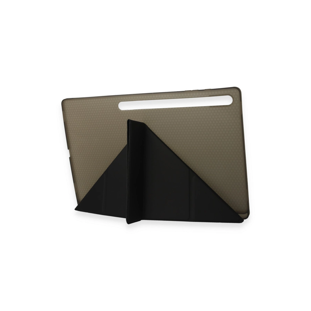 Ayak görevi gören siyah kılıflı, açık kahverengi tablet.