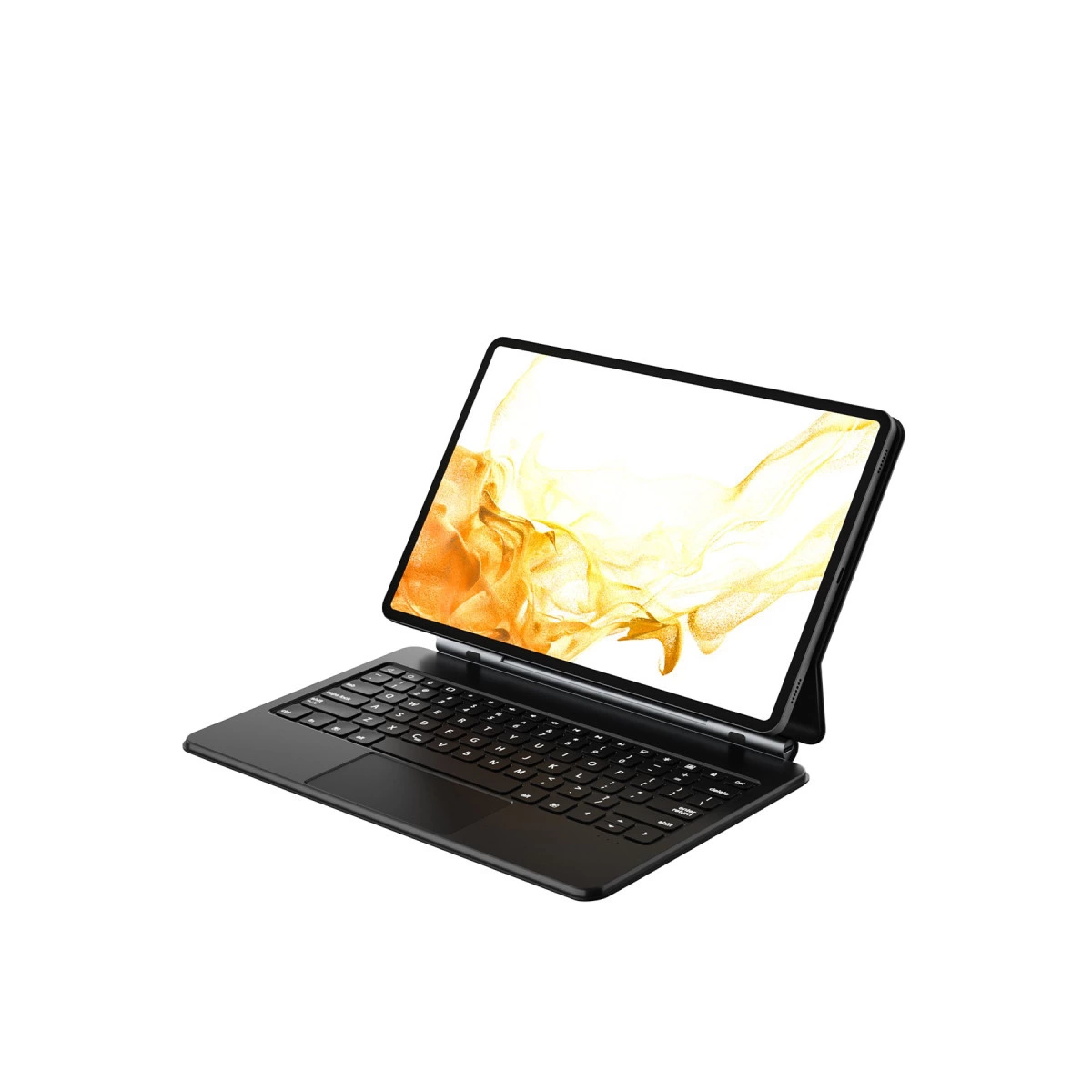 Soyut bir resim gösteren klavyeli ve ekranlı siyah tablet.
