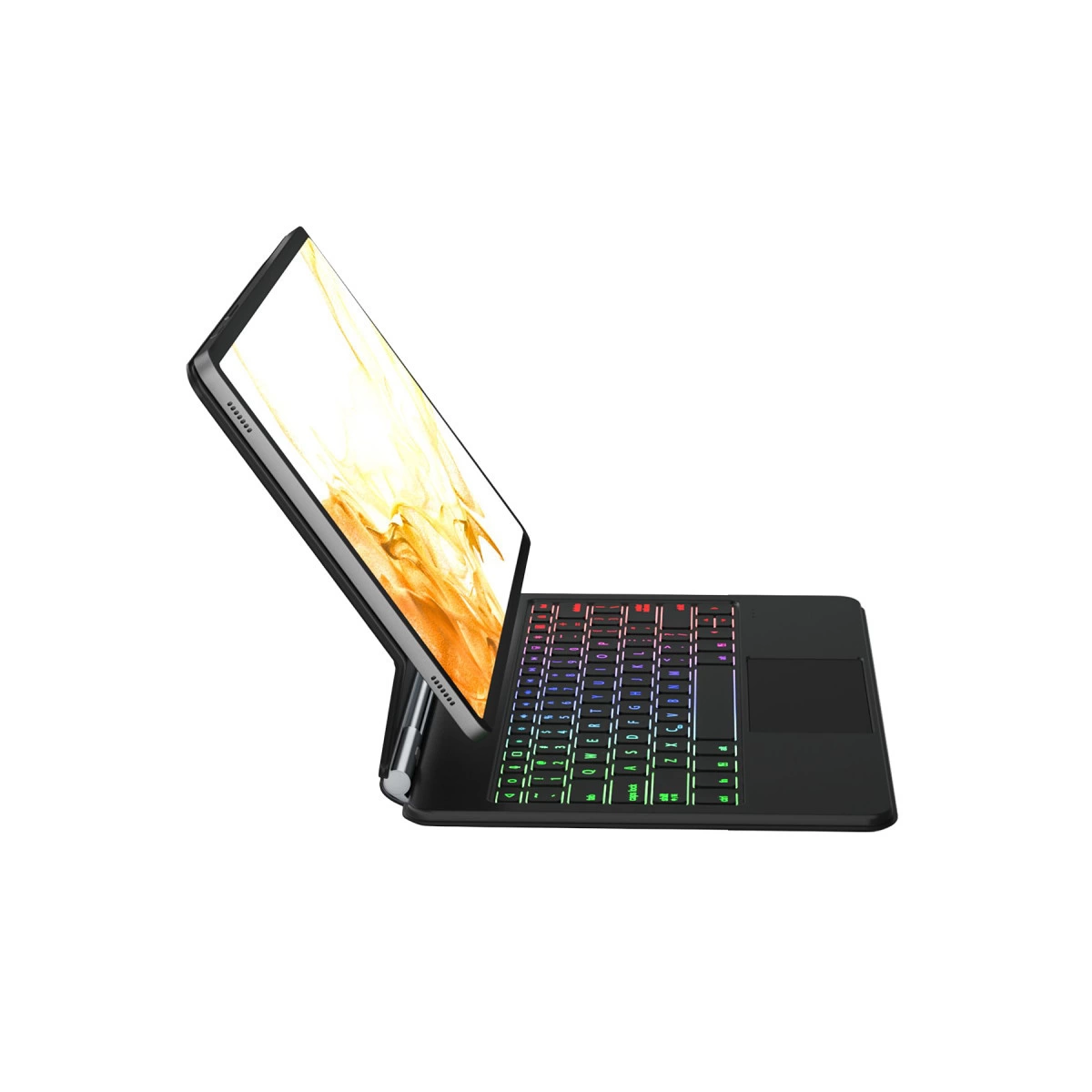 Çok renkli arka aydınlatmalı tuşlara sahip siyah tablet ve klavye.
