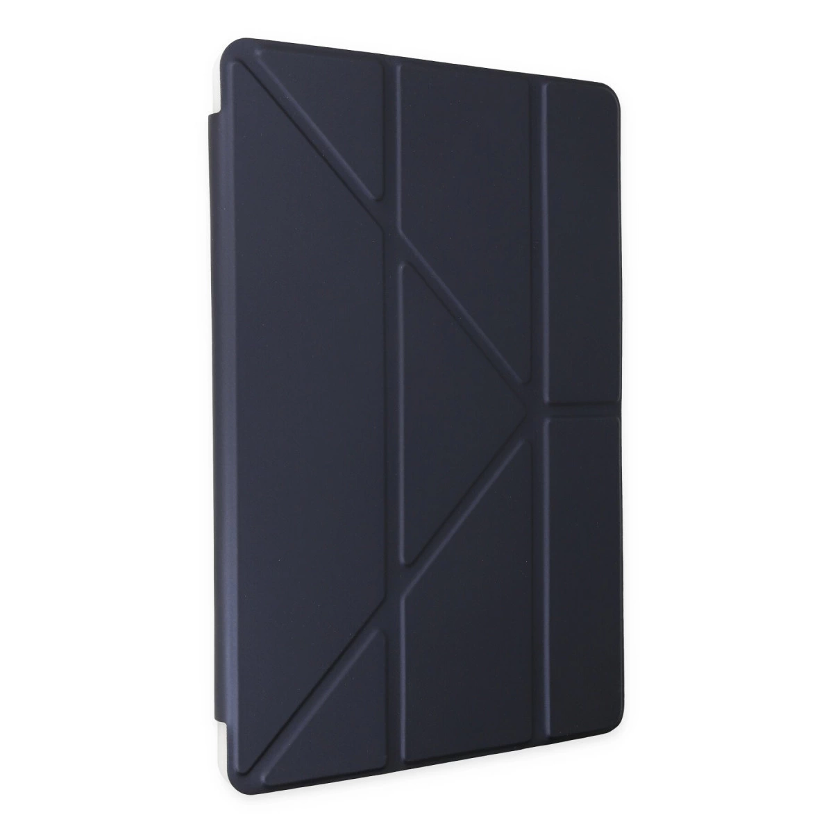 Geometrik tasarımlı koyu mavi tablet kılıfı, beyaz arka plan üzerinde.