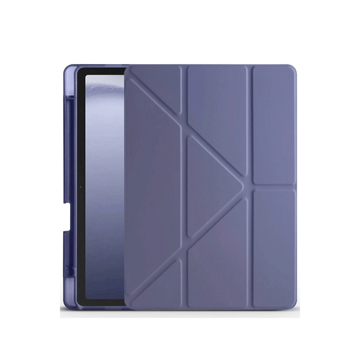 Beyaz arka plan üzerinde origami esintili kapaklı mor bir tablet.