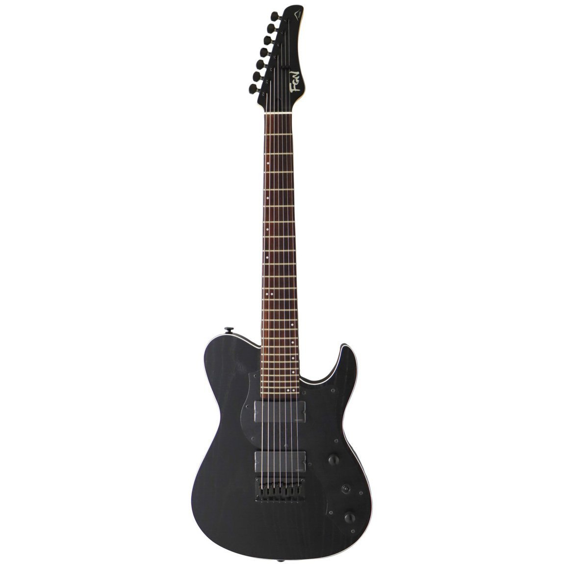 Beyaz arka plan üzerinde altı telli siyah bir elektro gitar.