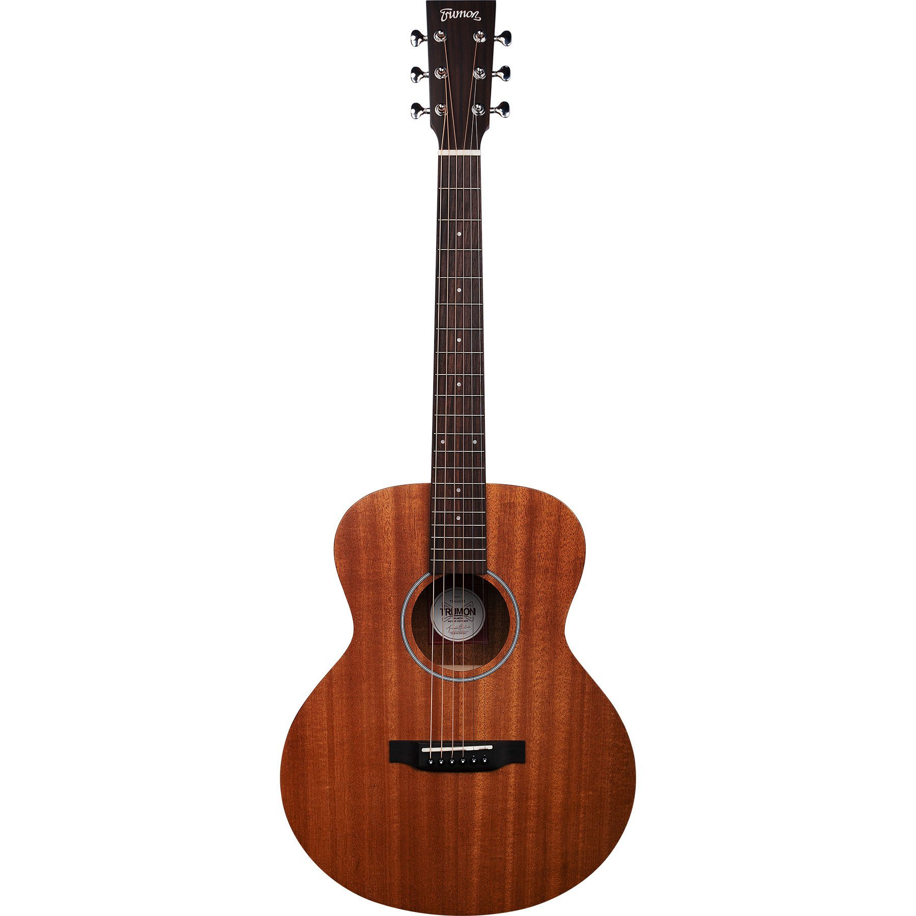 Altı telli, köprülü ve burgulu kahverengi akustik gitar.
