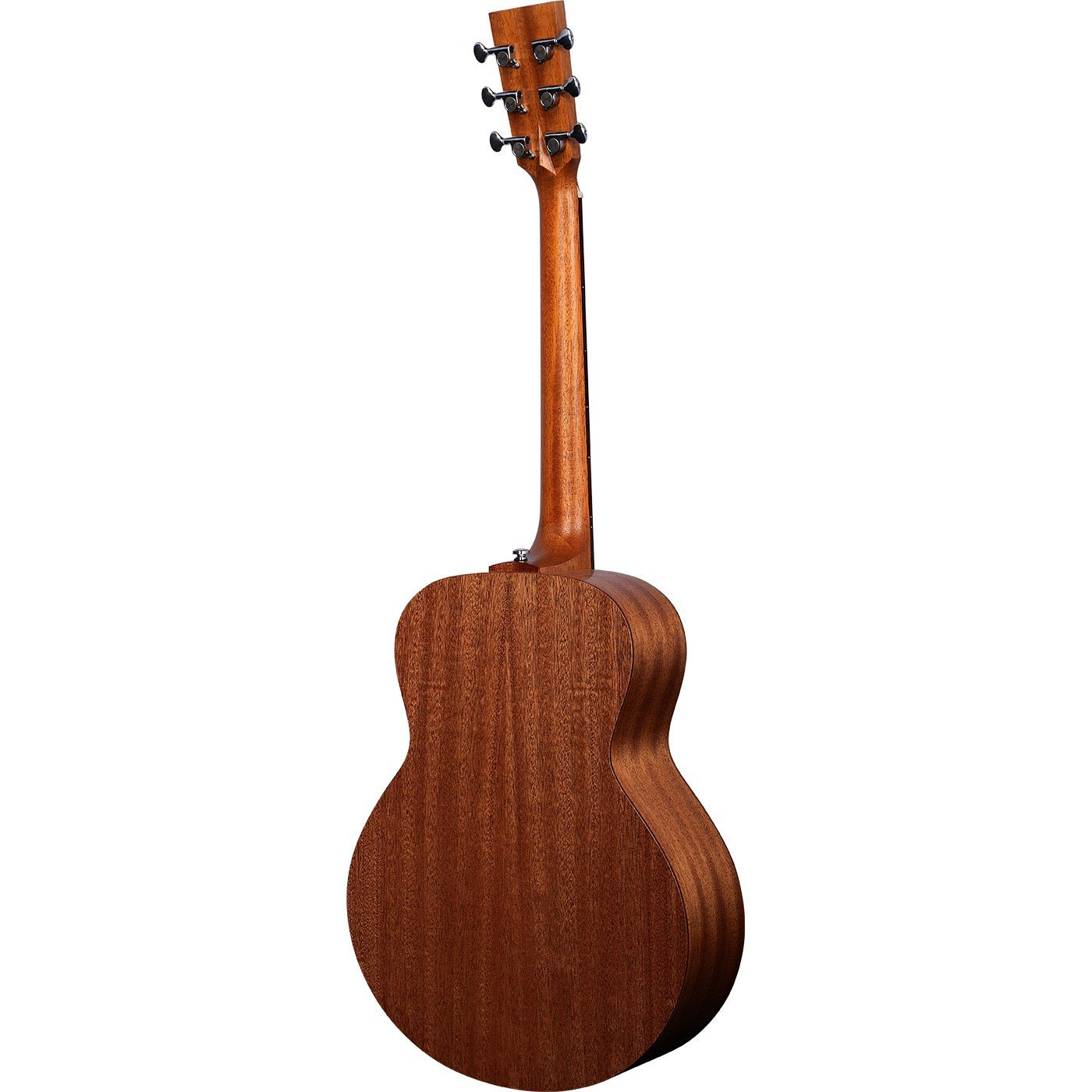 Beyaz arka plan üzerinde boyun ve akort burgulu kahverengi akustik gitarın arka görünümü.