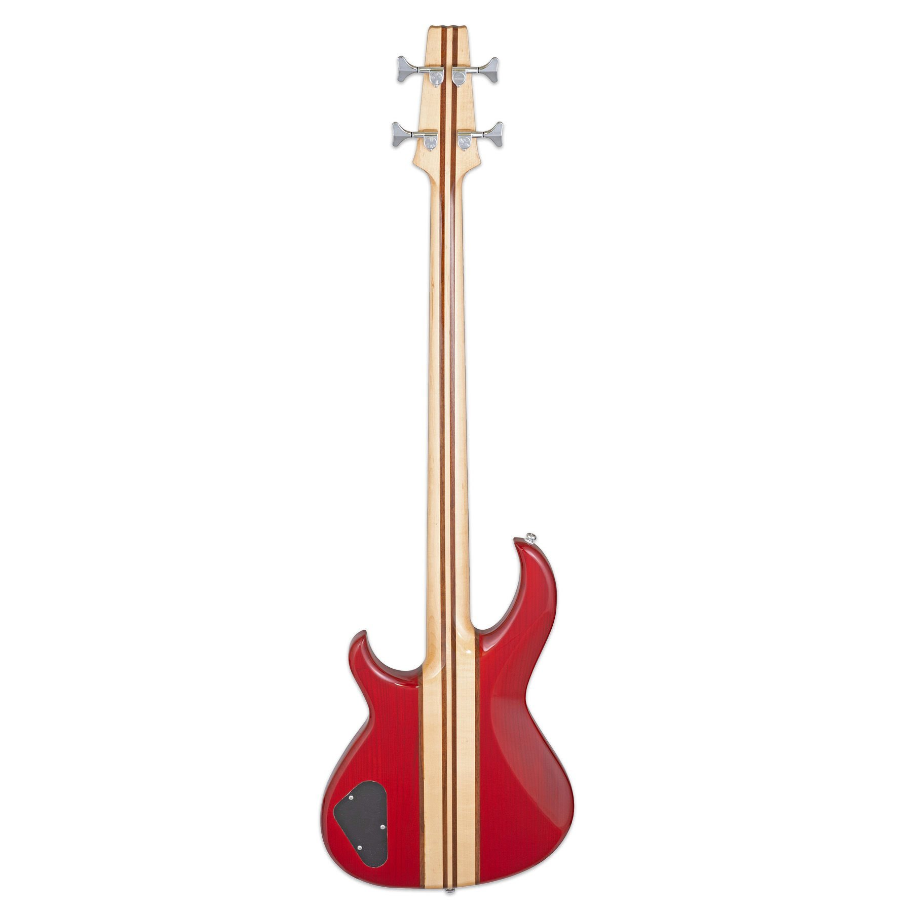Ahşap damarlı kırmızı bas gitar, arka görünüm, beyaz arka planda.