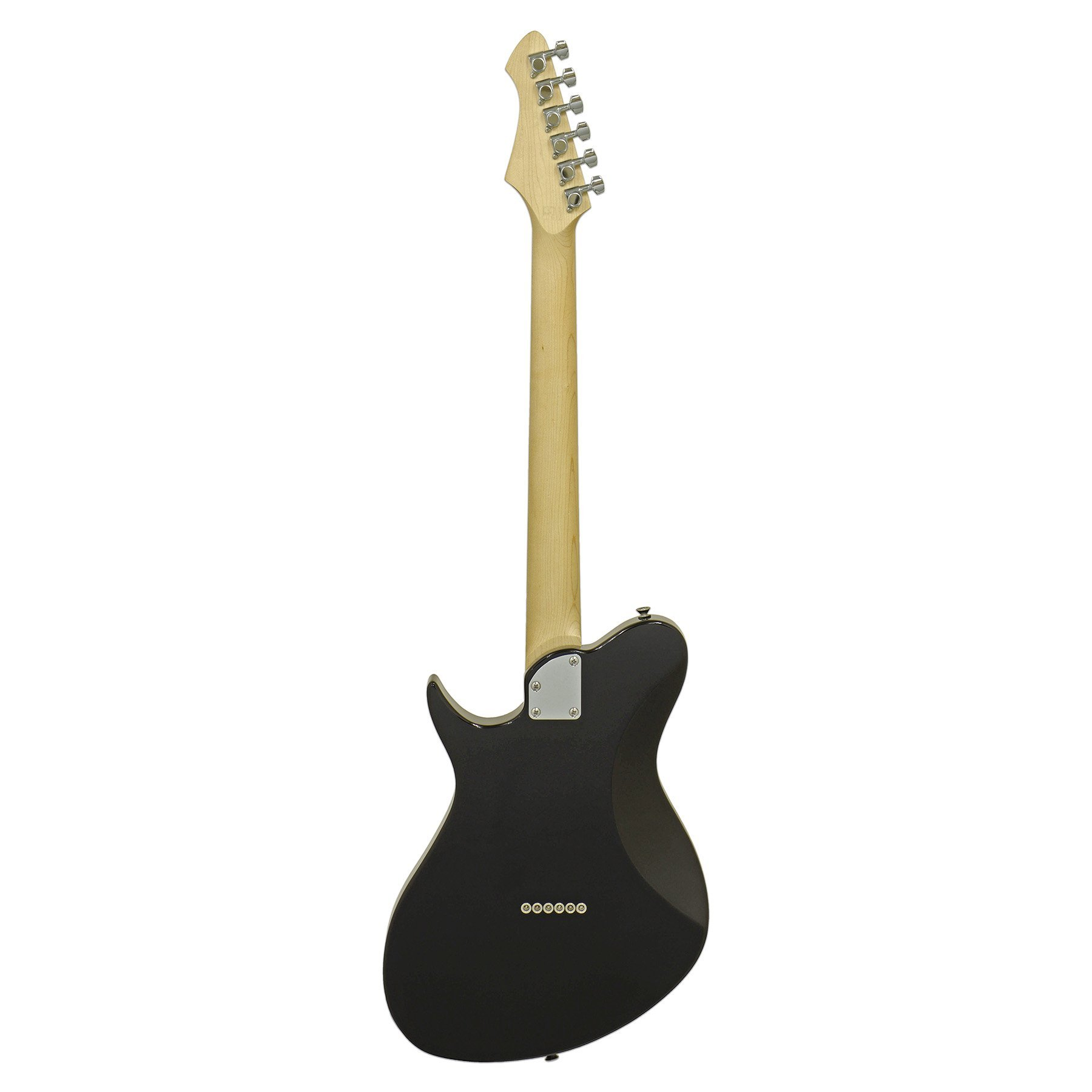 Açık renk ahşap sapa ve gümüş burgulara sahip siyah elektro gitar.