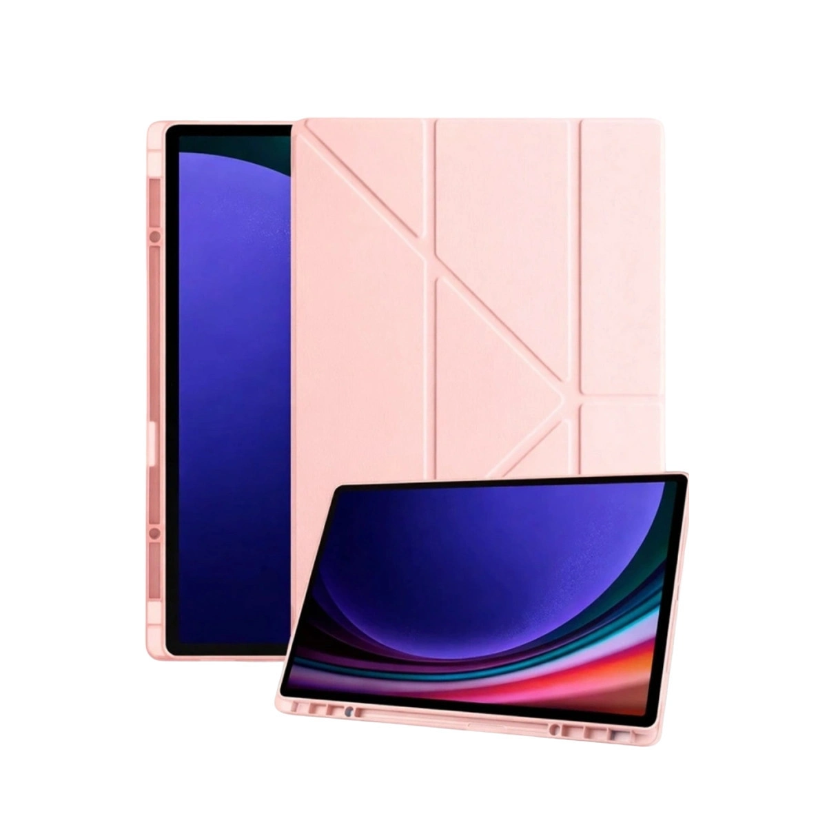 Katlanmış kılıflı pembe bir tablet gösteriliyor. İkinci bir tablet önde.