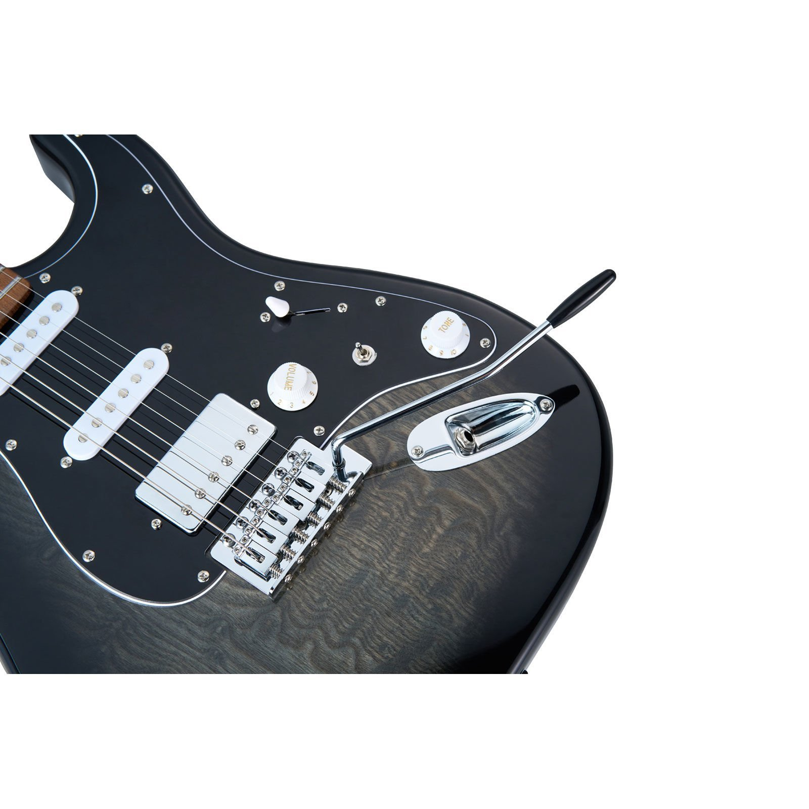 Gümüş köprü, manyetik ve düğmelere sahip siyah elektro gitar.