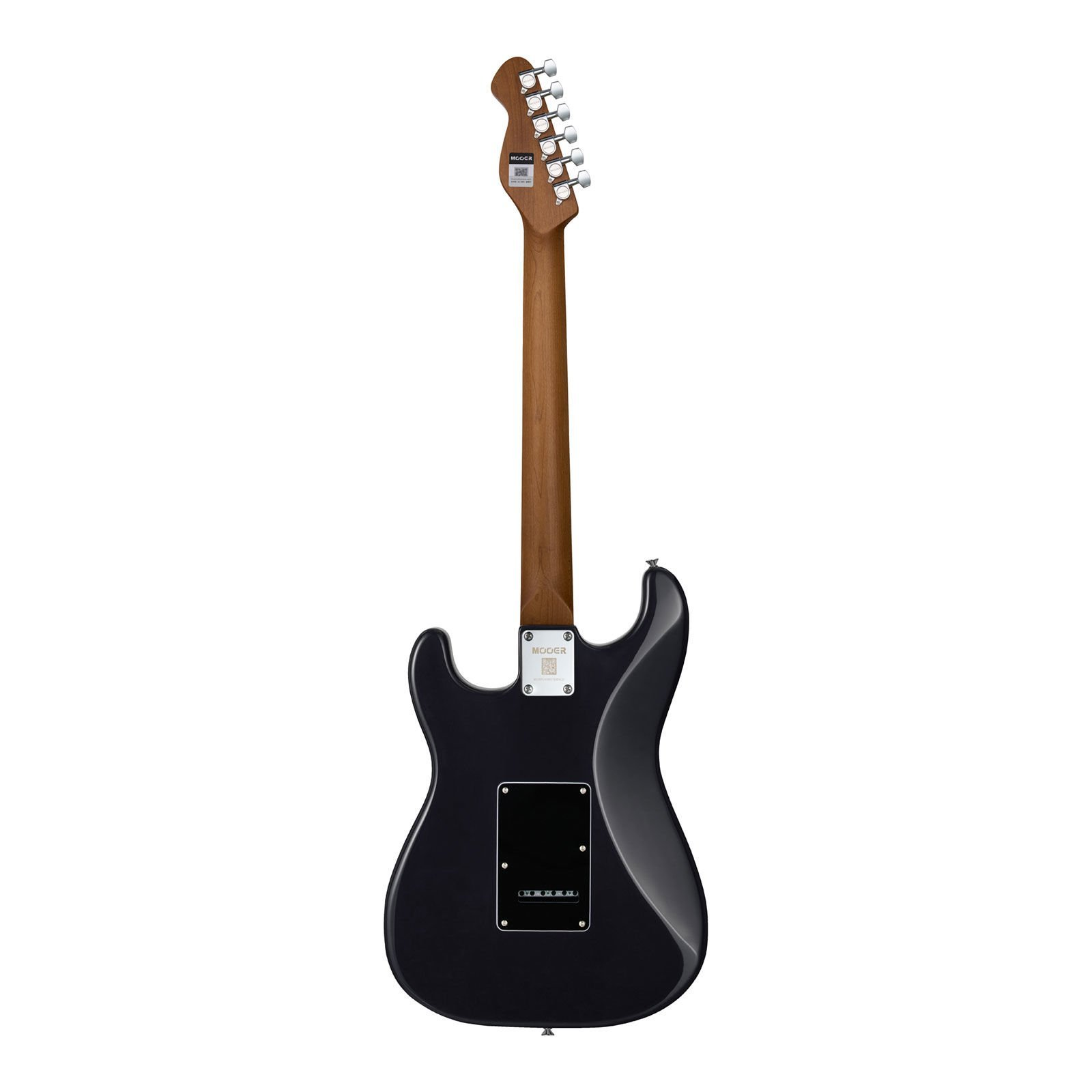 Kahverengi saplı ve gümüş burgulu siyah elektro gitarın arka görünümü.
