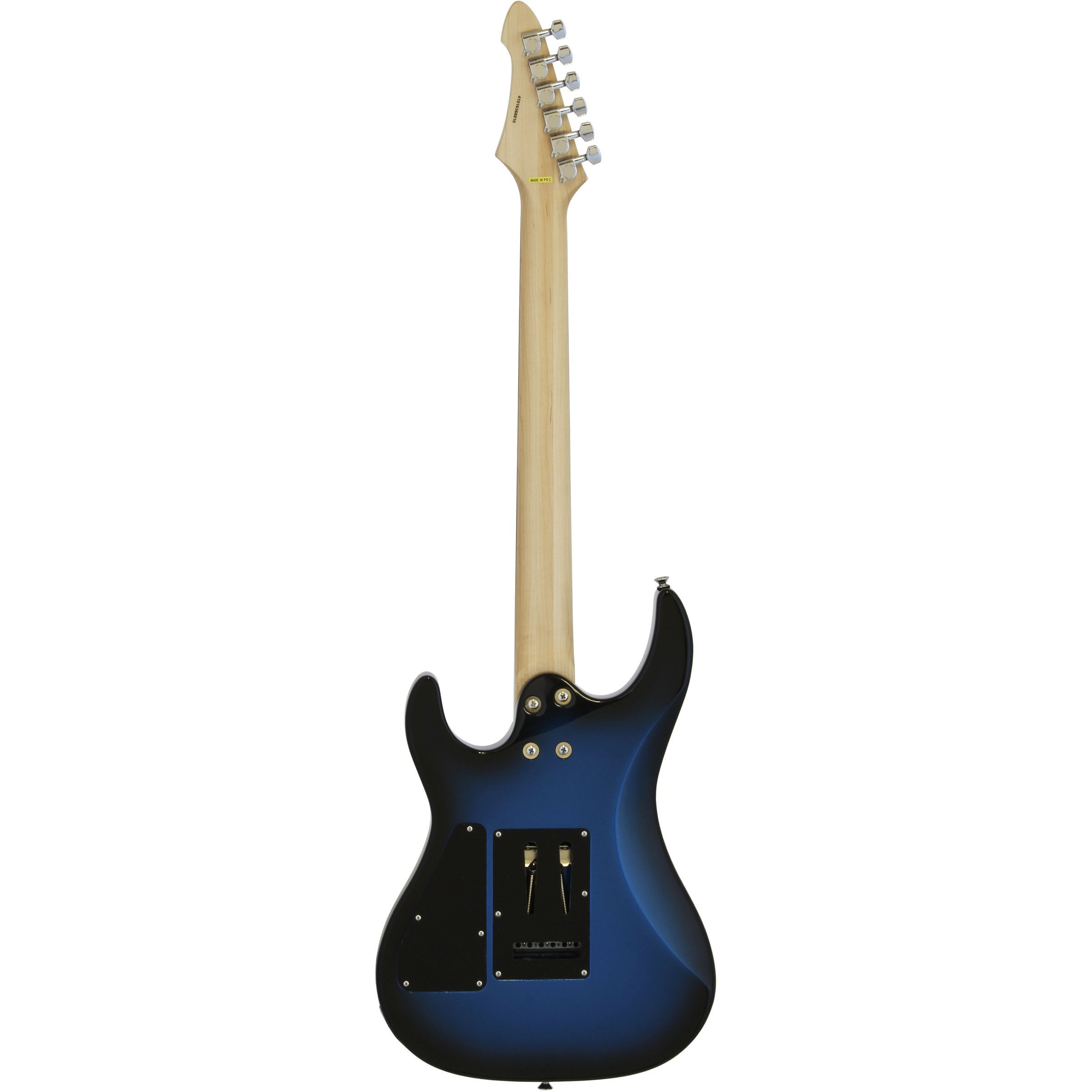Mavi geçişli ve akçaağaç sapa sahip elektro gitarın arka görünümü.